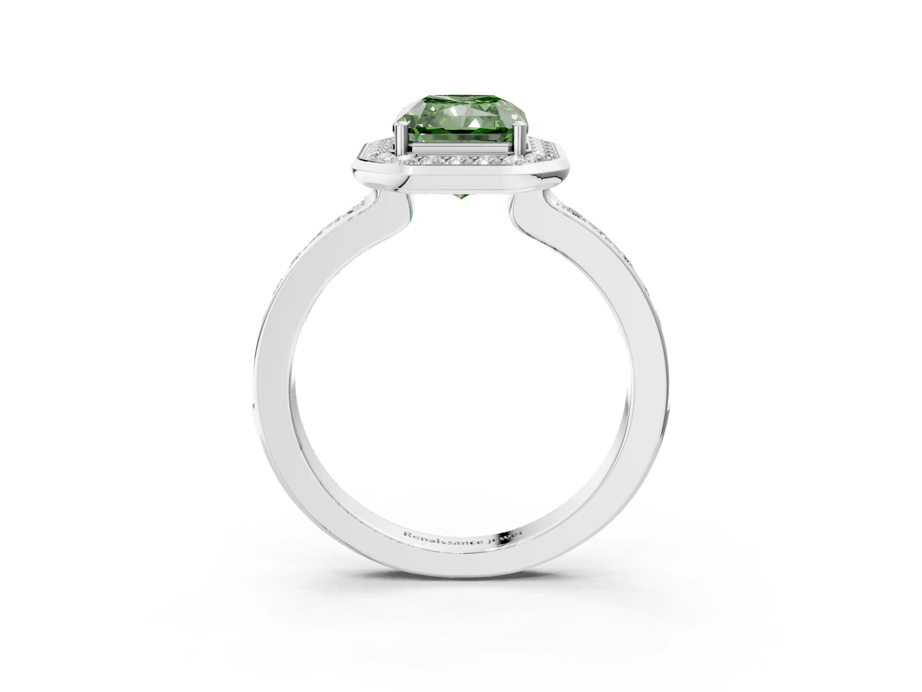 White gold Fancy Green Radiant Cut Diamond Halo Ring with Bezel Frame and Pavé Band_3