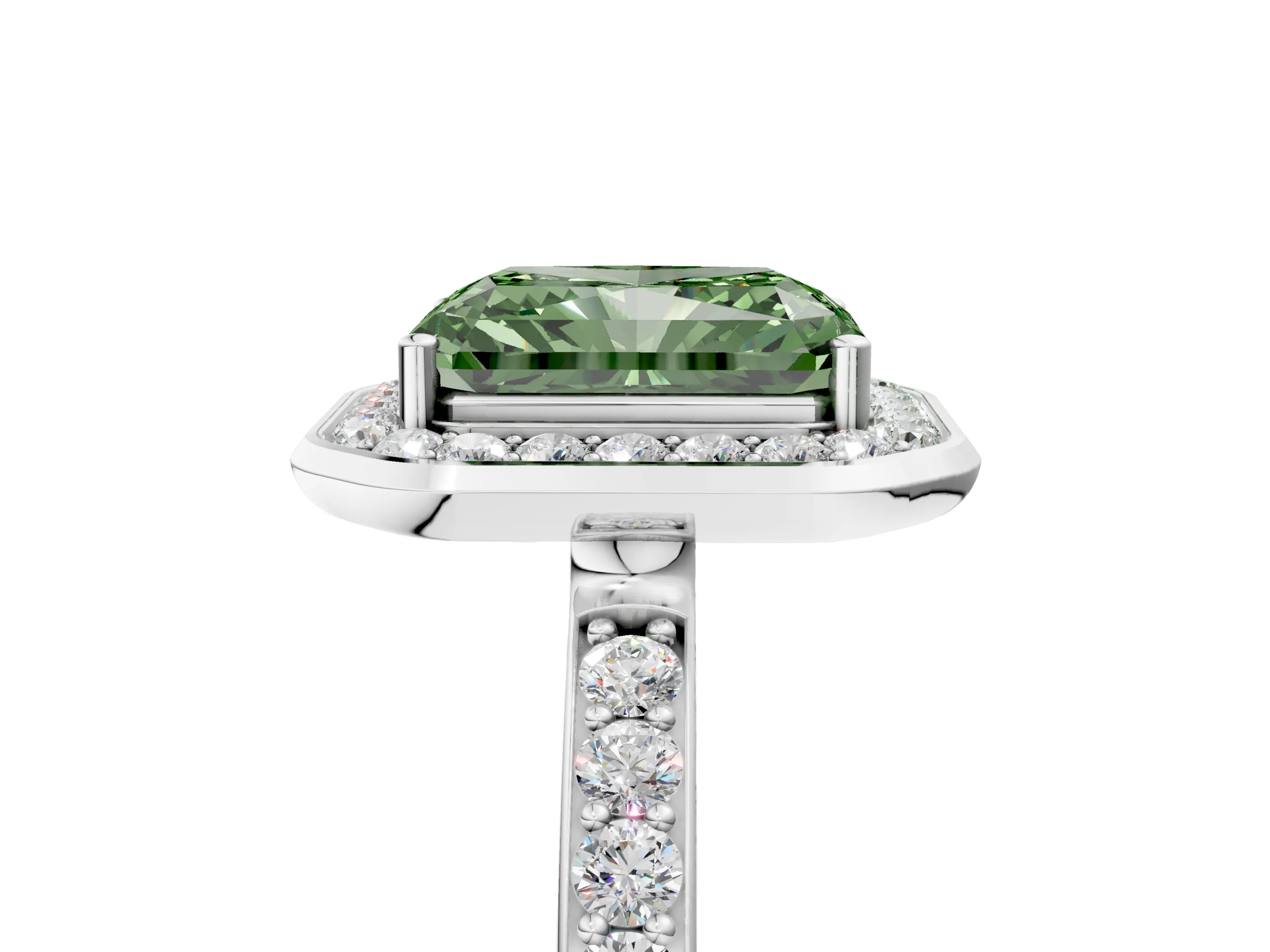 White gold Fancy Green Radiant Cut Diamond Halo Ring with Bezel Frame and Pavé Band_5