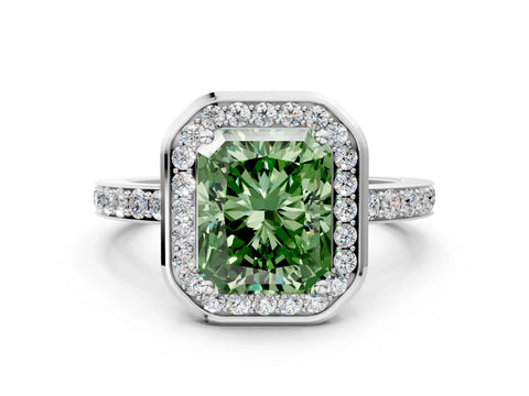 White gold Fancy Green Radiant Cut Diamond Halo Ring with Bezel Frame and Pavé Band
