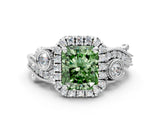 White gold Fancy Green Radiant Cut Diamond Halo Ring with Milgrain Pavé Band and Four-Prong Setting_66