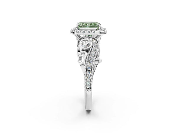 White gold Fancy Green Radiant Cut Diamond Halo Ring with Milgrain Pavé Band and Four-Prong Setting