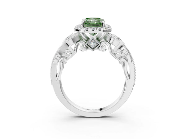 White gold Fancy Green Radiant Cut Diamond Halo Ring with Milgrain Pavé Band and Four-Prong Setting