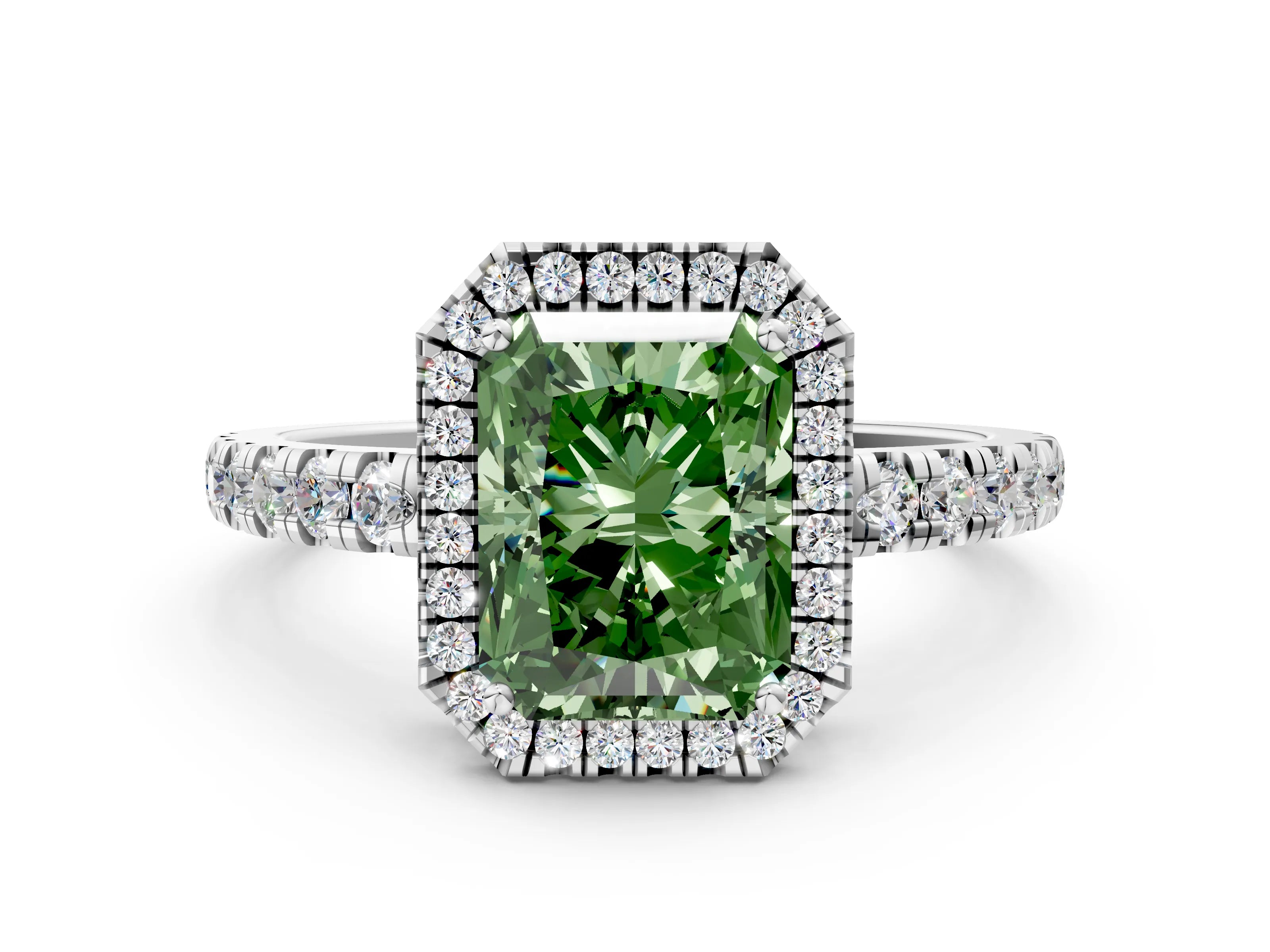 White gold Fancy Green Radiant Cut Diamond Halo Ring with Pavé Band and Four-Prong Setting