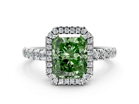 White gold Fancy Green Radiant Cut Diamond Halo Ring with Pavé Band and Four-Prong Setting_12