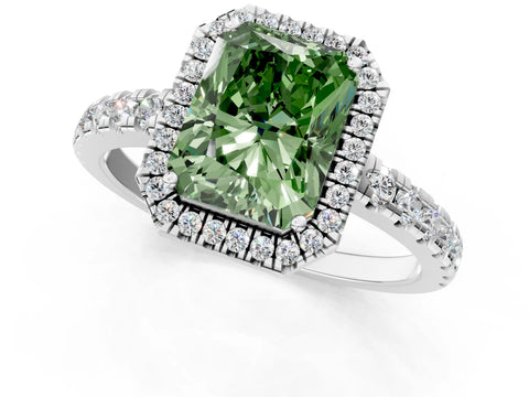 White gold Fancy Green Radiant Cut Diamond Halo Ring with Pavé Band and Four-Prong Setting_13