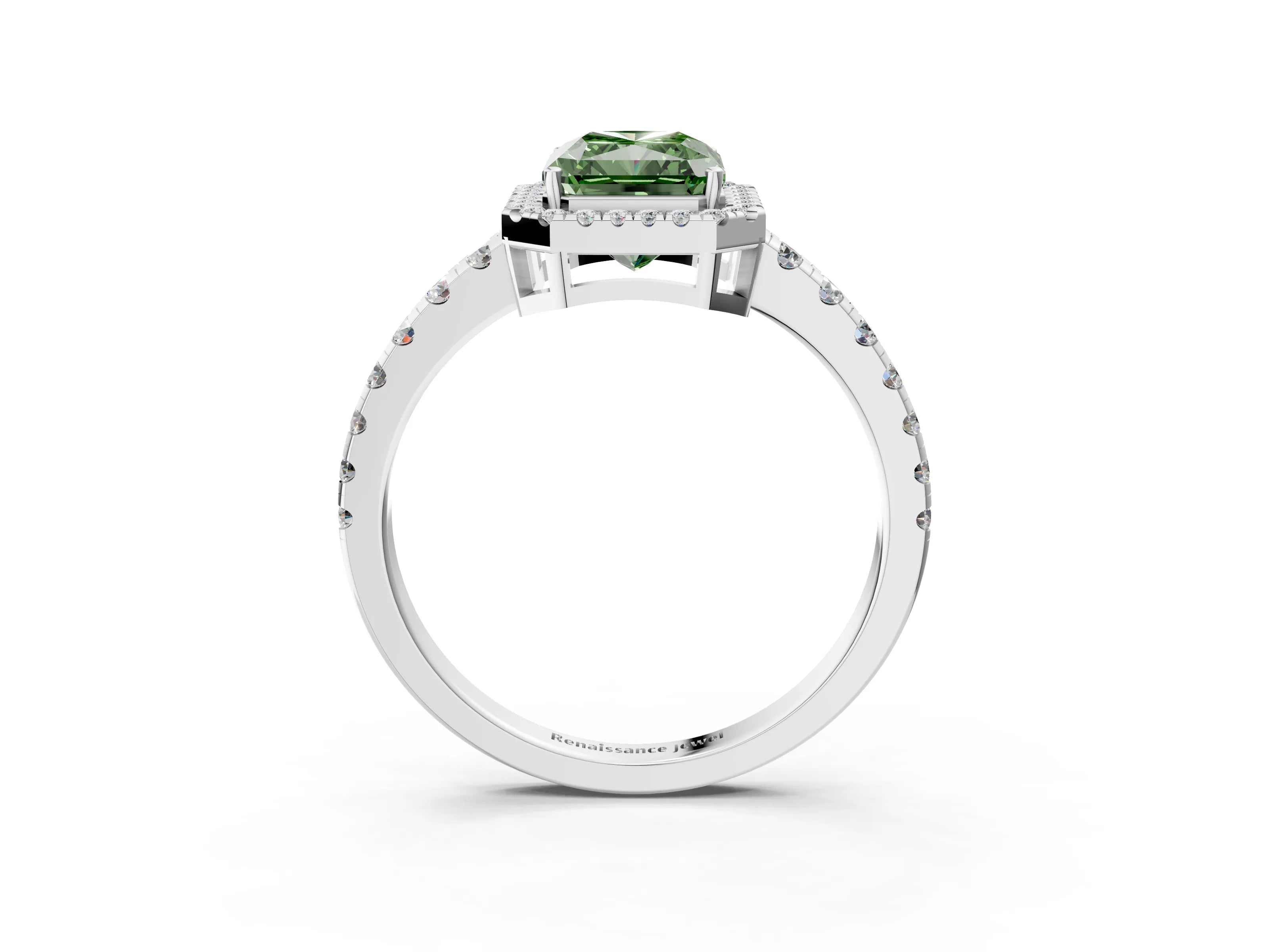 White gold Fancy Green Radiant Cut Diamond Halo Ring with Pavé Band and Four-Prong Setting_15