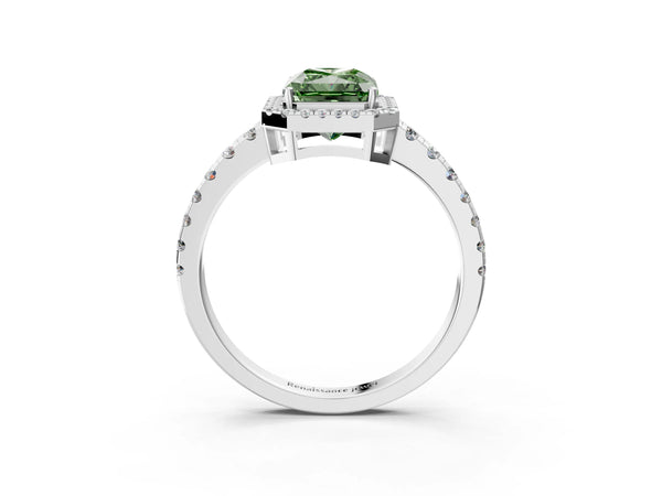 Platinum Fancy Green Radiant Cut Diamond Halo Ring with Pavé Band and Four-Prong Setting