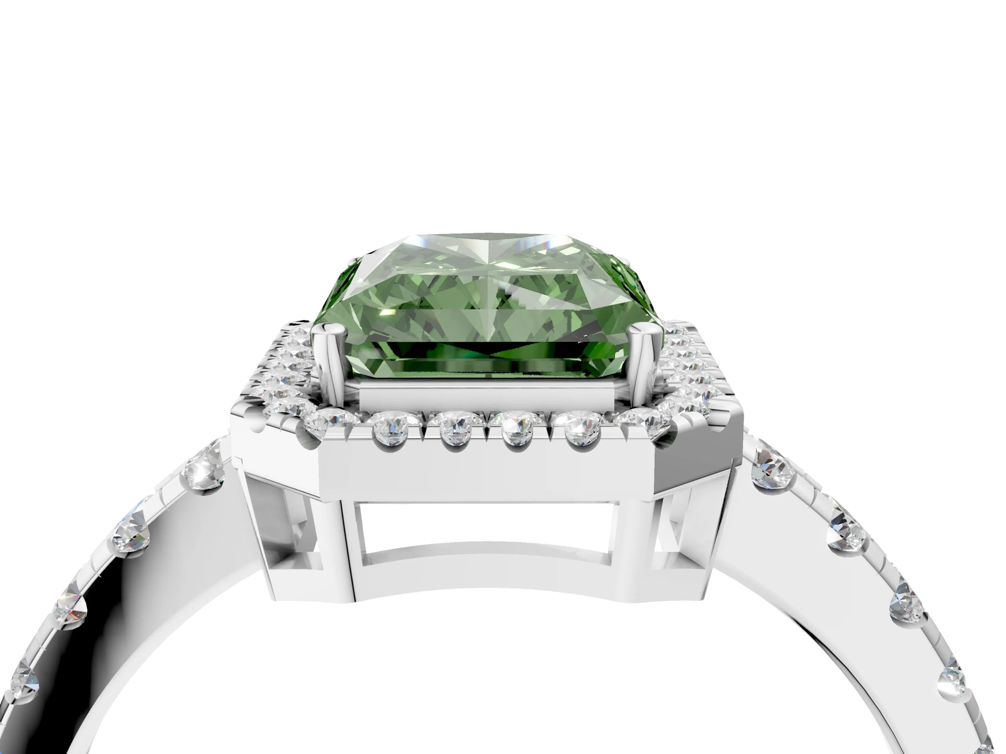 White gold Fancy Green Radiant Cut Diamond Halo Ring with Pavé Band and Four-Prong Setting_16