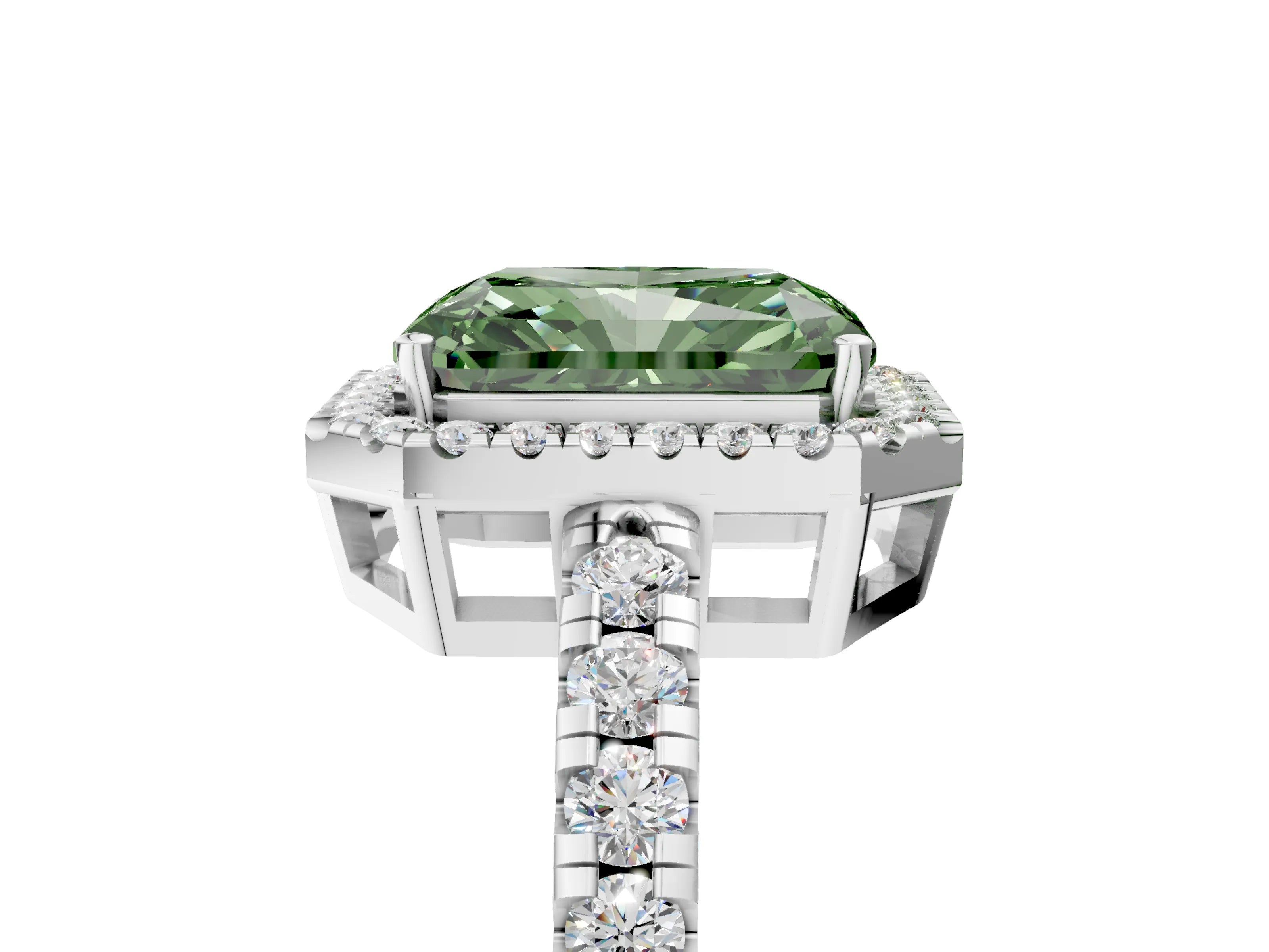 White gold Fancy Green Radiant Cut Diamond Halo Ring with Pavé Band and Four-Prong Setting_17