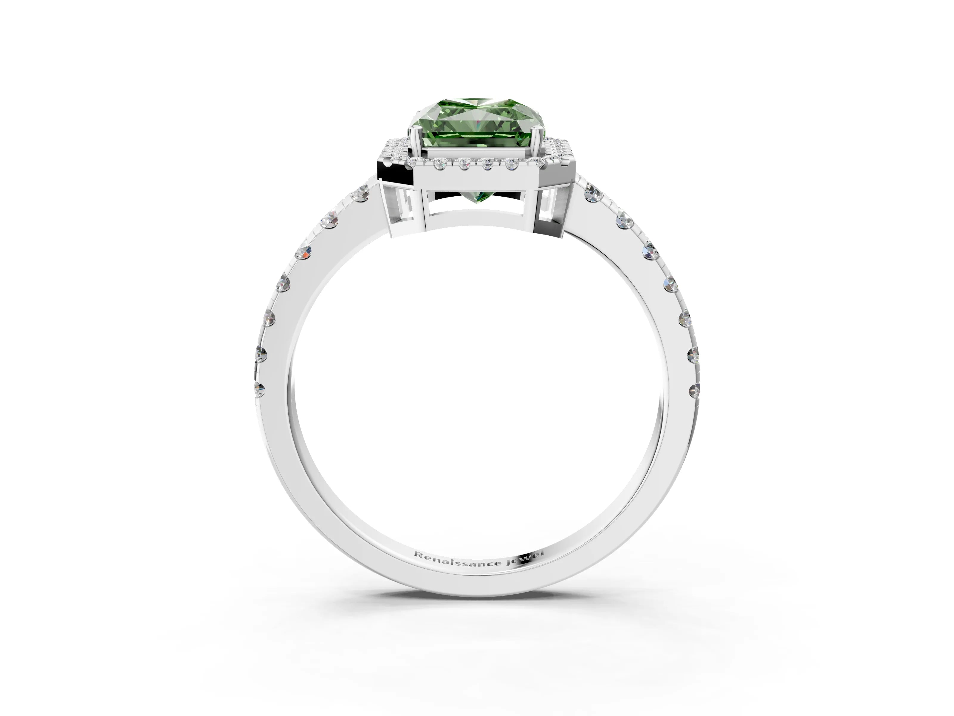 White gold Fancy Green Radiant Cut Diamond Halo Ring with Pavé Band and Four-Prong Setting_3