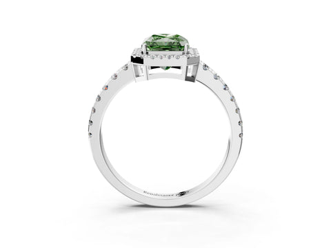 White gold Fancy Green Radiant Cut Diamond Halo Ring with Pavé Band and Four-Prong Setting_3