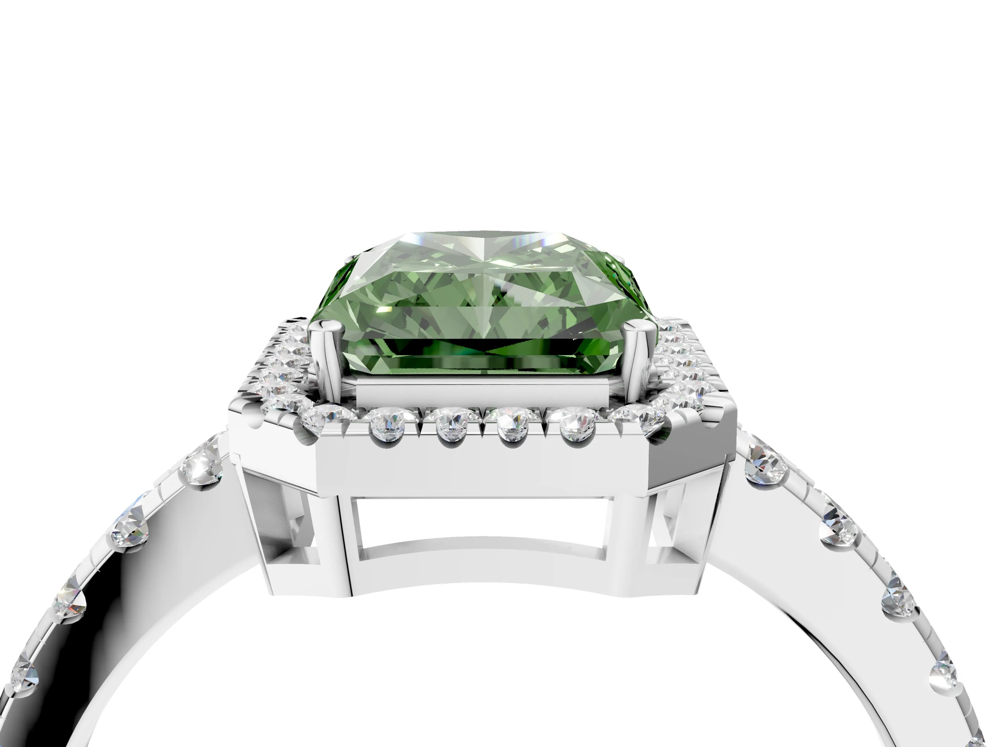 White gold Fancy Green Radiant Cut Diamond Halo Ring with Pavé Band and Four-Prong Setting_4