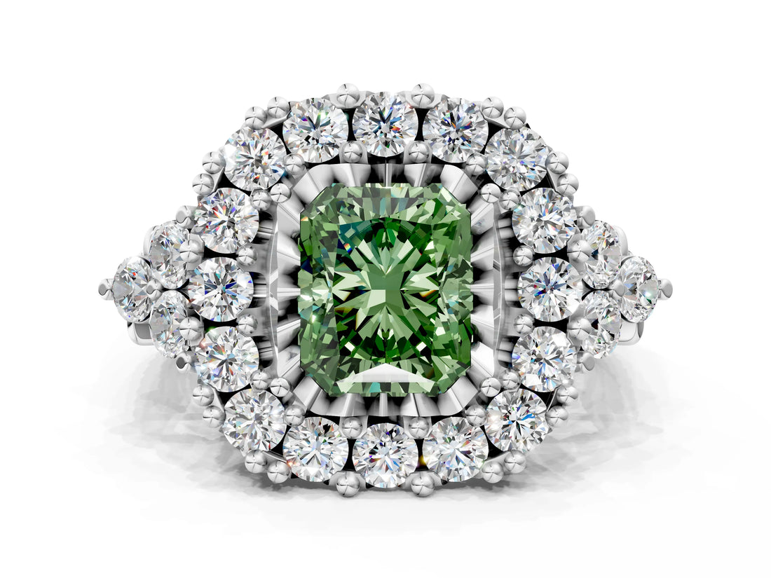 White gold Fancy Green Radiant Cut Diamond Halo Ring with Pavé Band and Four-Prong Setting_70