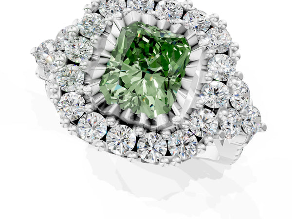 White gold Fancy Green Radiant Cut Diamond Halo Ring with Pavé Band and Four-Prong Setting
