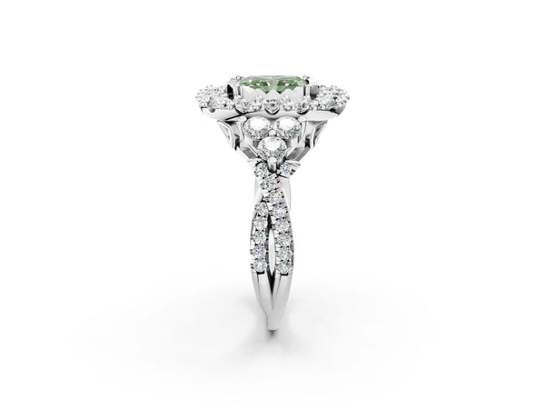 White gold Fancy Green Radiant Cut Diamond Halo Ring with Pavé Band and Four-Prong Setting