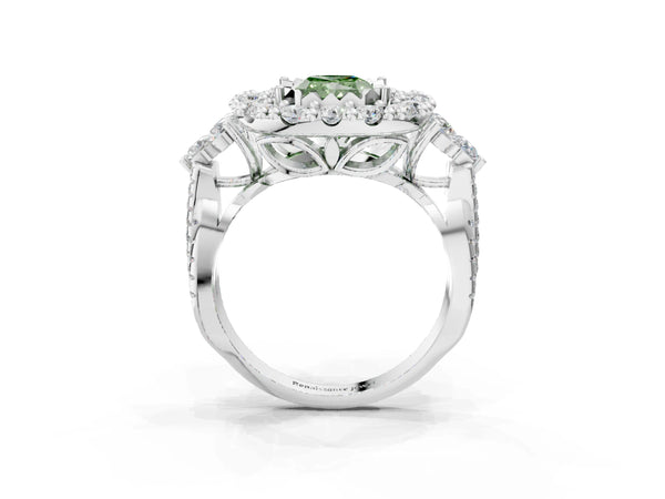 White gold Fancy Green Radiant Cut Diamond Halo Ring with Pavé Band and Four-Prong Setting