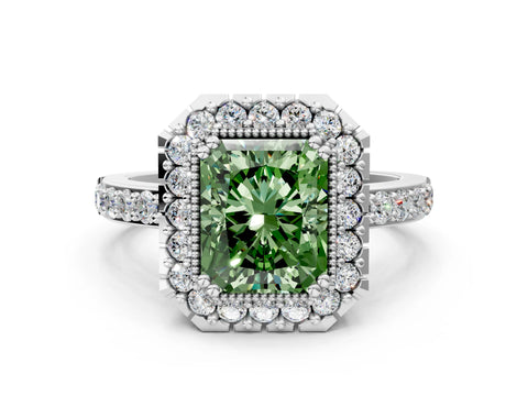 White gold Fancy Green Radiant Cut Diamond Halo Ring with Pavé Band and Prong Setting_12