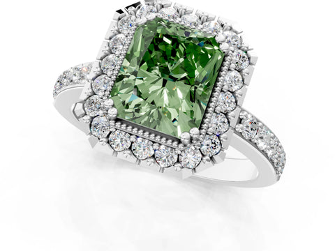 White gold Fancy Green Radiant Cut Diamond Halo Ring with Pavé Band and Prong Setting_13