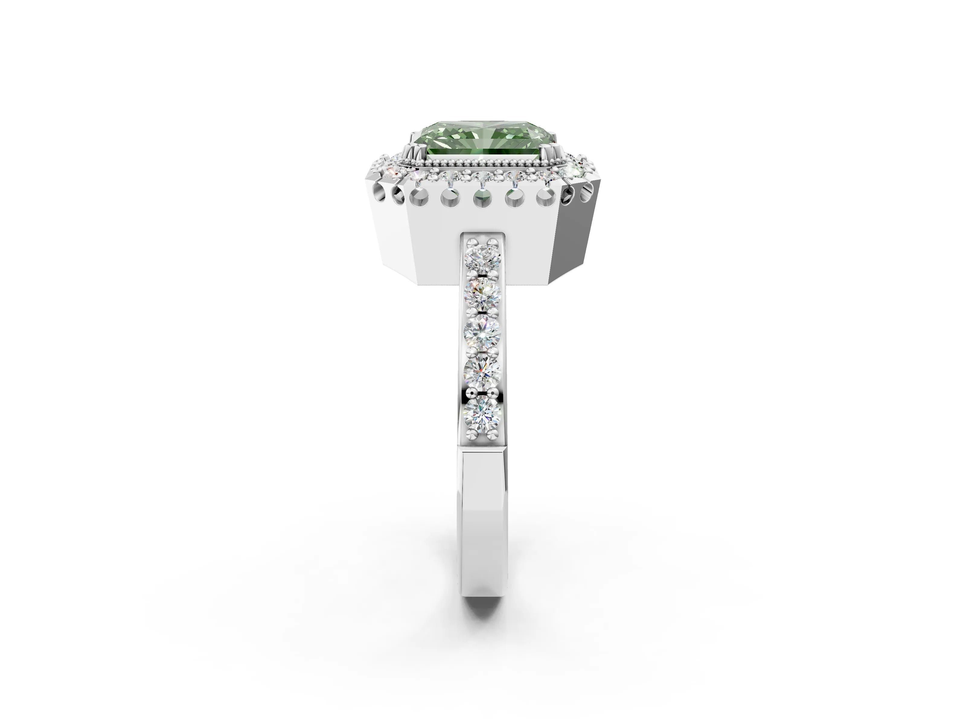 White gold Fancy Green Radiant Cut Diamond Halo Ring with Pavé Band and Prong Setting_14