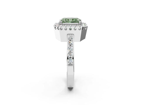 White gold Fancy Green Radiant Cut Diamond Halo Ring with Pavé Band and Prong Setting_14