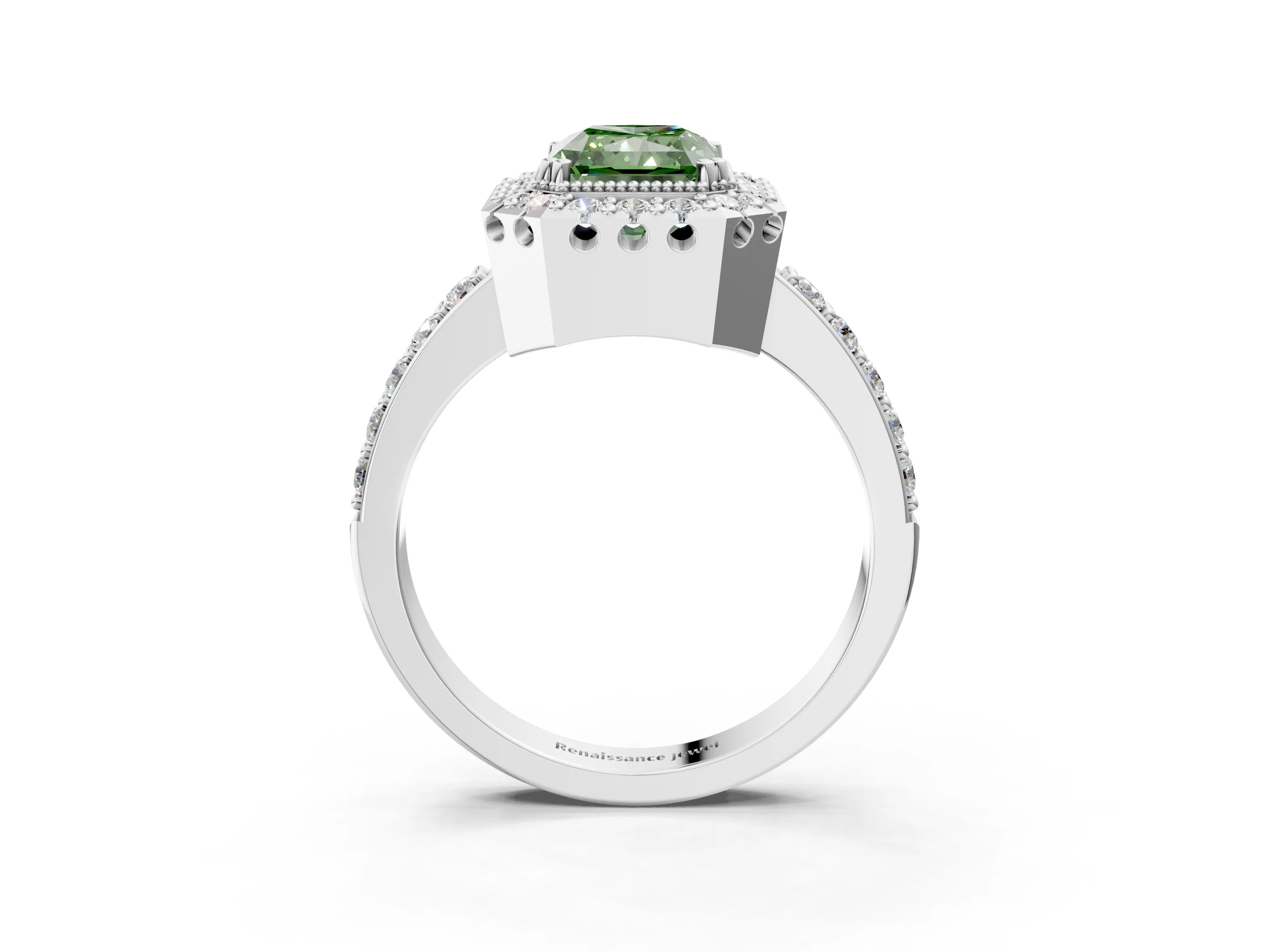 White gold Fancy Green Radiant Cut Diamond Halo Ring with Pavé Band and Prong Setting_15