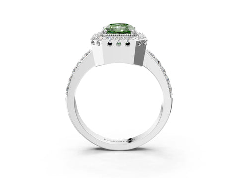 White gold Fancy Green Radiant Cut Diamond Halo Ring with Pavé Band and Prong Setting_15