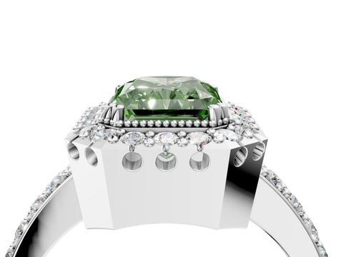White gold Fancy Green Radiant Cut Diamond Halo Ring with Pavé Band and Prong Setting_16