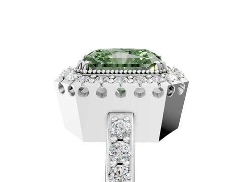 White gold Fancy Green Radiant Cut Diamond Halo Ring with Pavé Band and Prong Setting_17