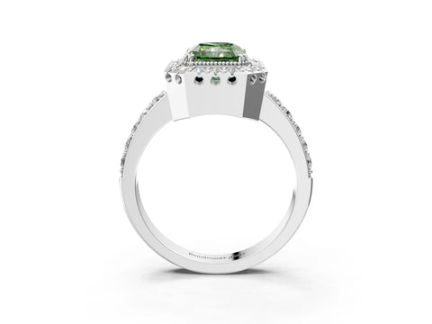 White gold Fancy Green Radiant Cut Diamond Halo Ring with Pavé Band and Prong Setting_3