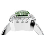 White gold Fancy Green Radiant Cut Diamond Halo Ring with Pavé Band and Prong Setting_4