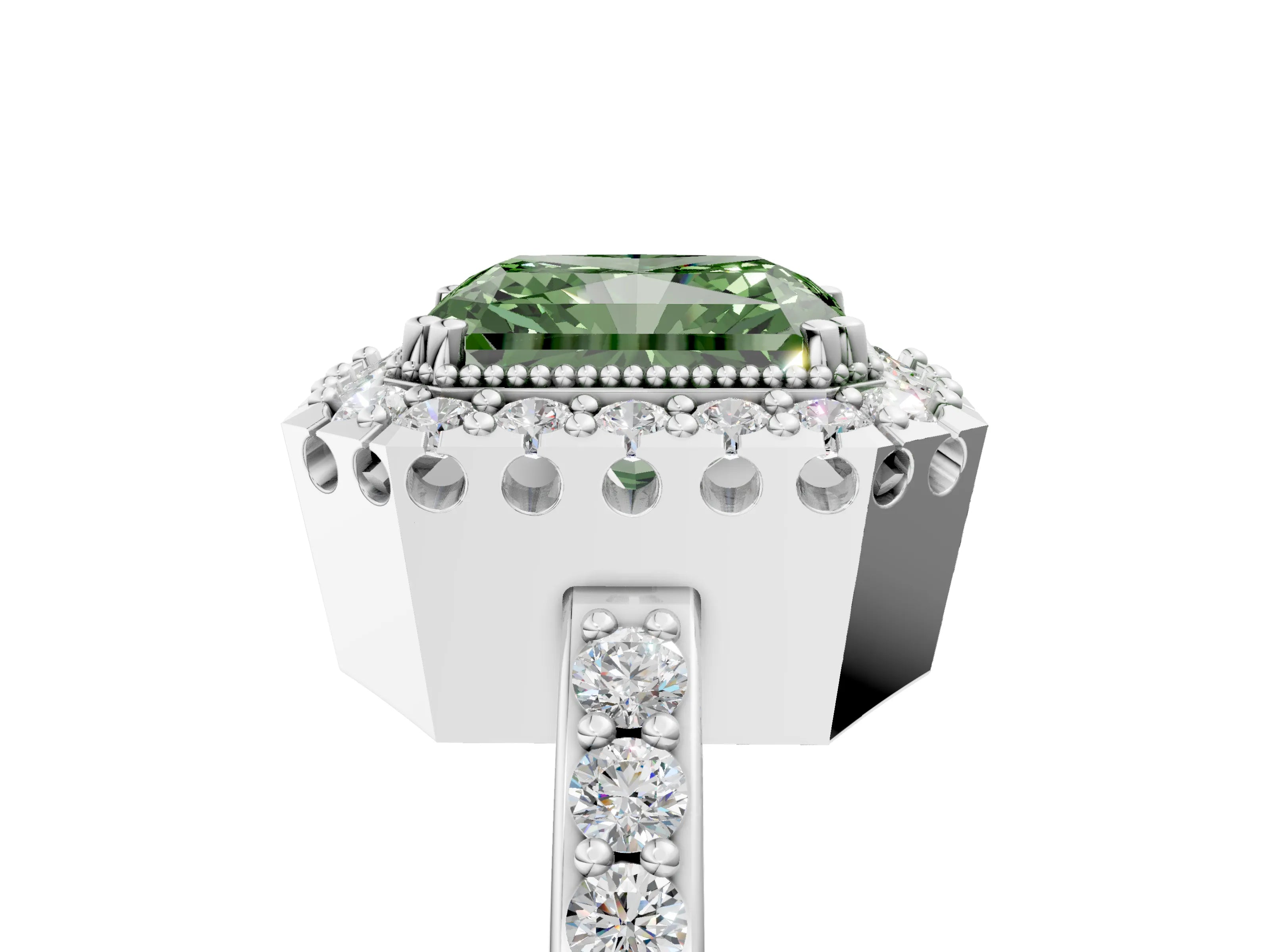 White gold Fancy Green Radiant Cut Diamond Halo Ring with Pavé Band and Prong Setting_5