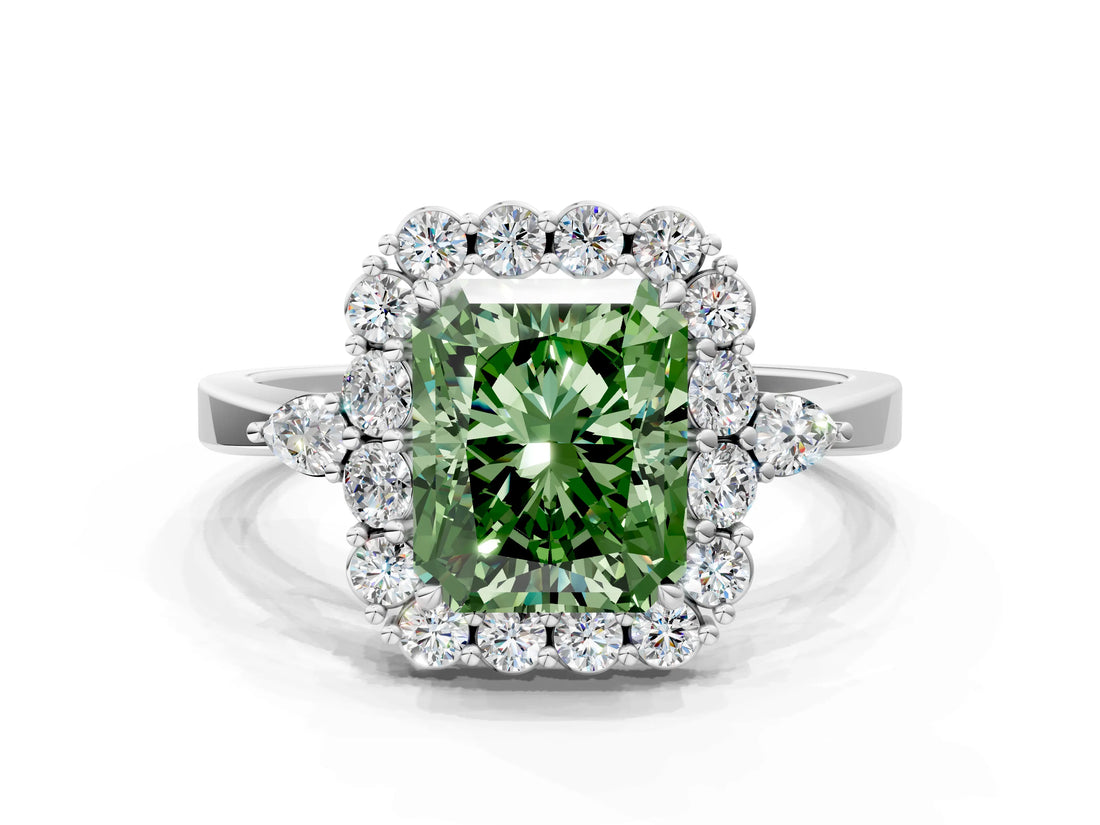 White gold Fancy Green Radiant Cut Diamond Halo Ring with Pear Side Stones and Prong Setting_92