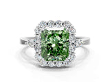 White gold Fancy Green Radiant Cut Diamond Halo Ring with Pear Side Stones and Prong Setting_93