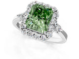 White gold Fancy Green Radiant Cut Diamond Halo Ring with Pear Side Stones and Prong Setting_94