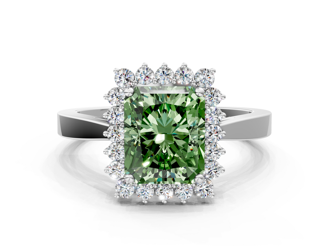 White gold Fancy Green Radiant  Cut Diamond Halo Ring with Round Brilliant Halo and Solitaire Band_87