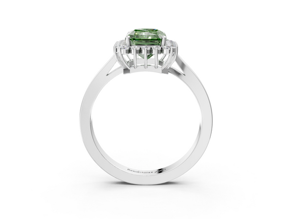 Platinum Fancy Green Radiant  Cut Diamond Halo Ring with Round Brilliant Halo and Solitaire Band