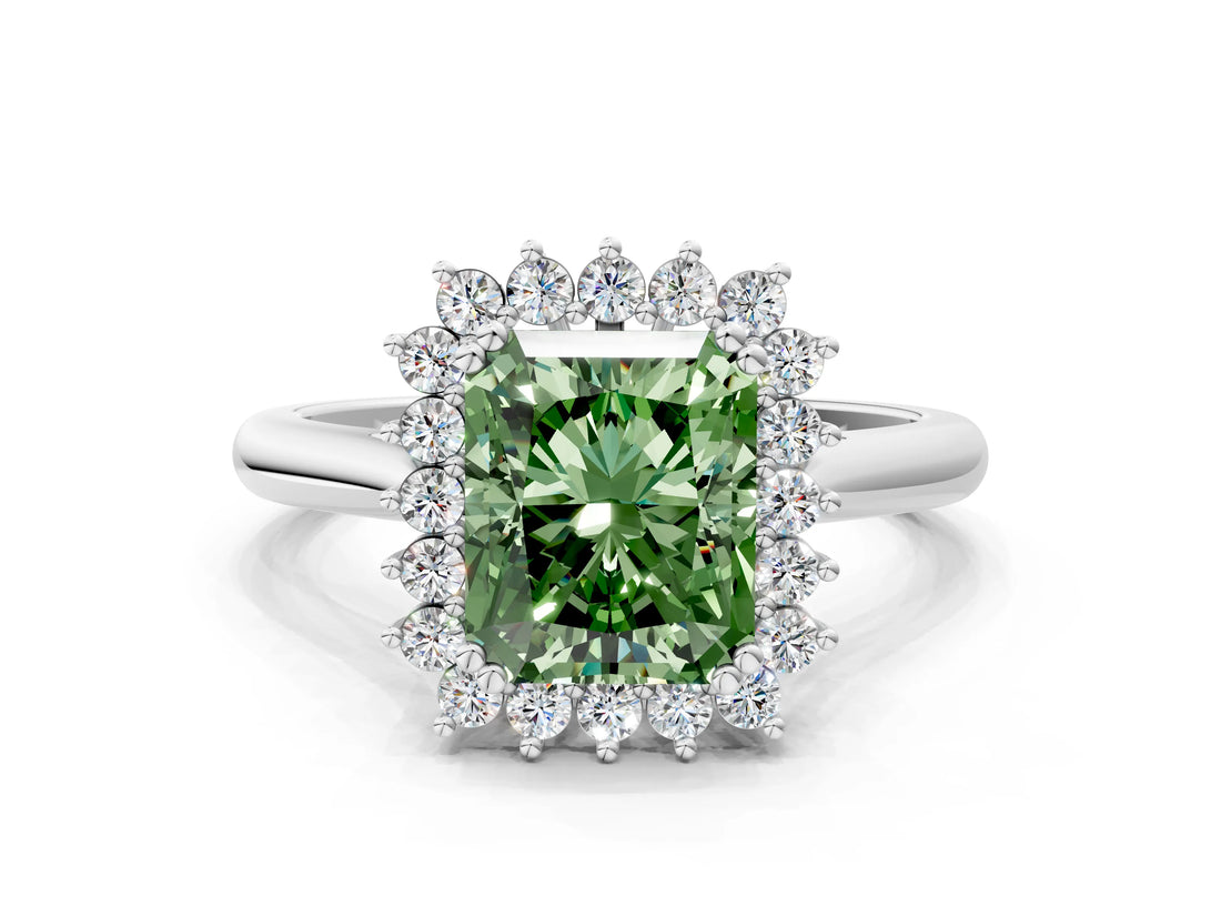 White gold Fancy Green Radiant  Cut Diamond Halo Ring with Solitaire Band and Prong Setting_53