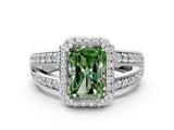 White gold Fancy Green Radiant Cut Diamond Halo Ring with Split Shank Pavé Band and Four-Prong Setting_12