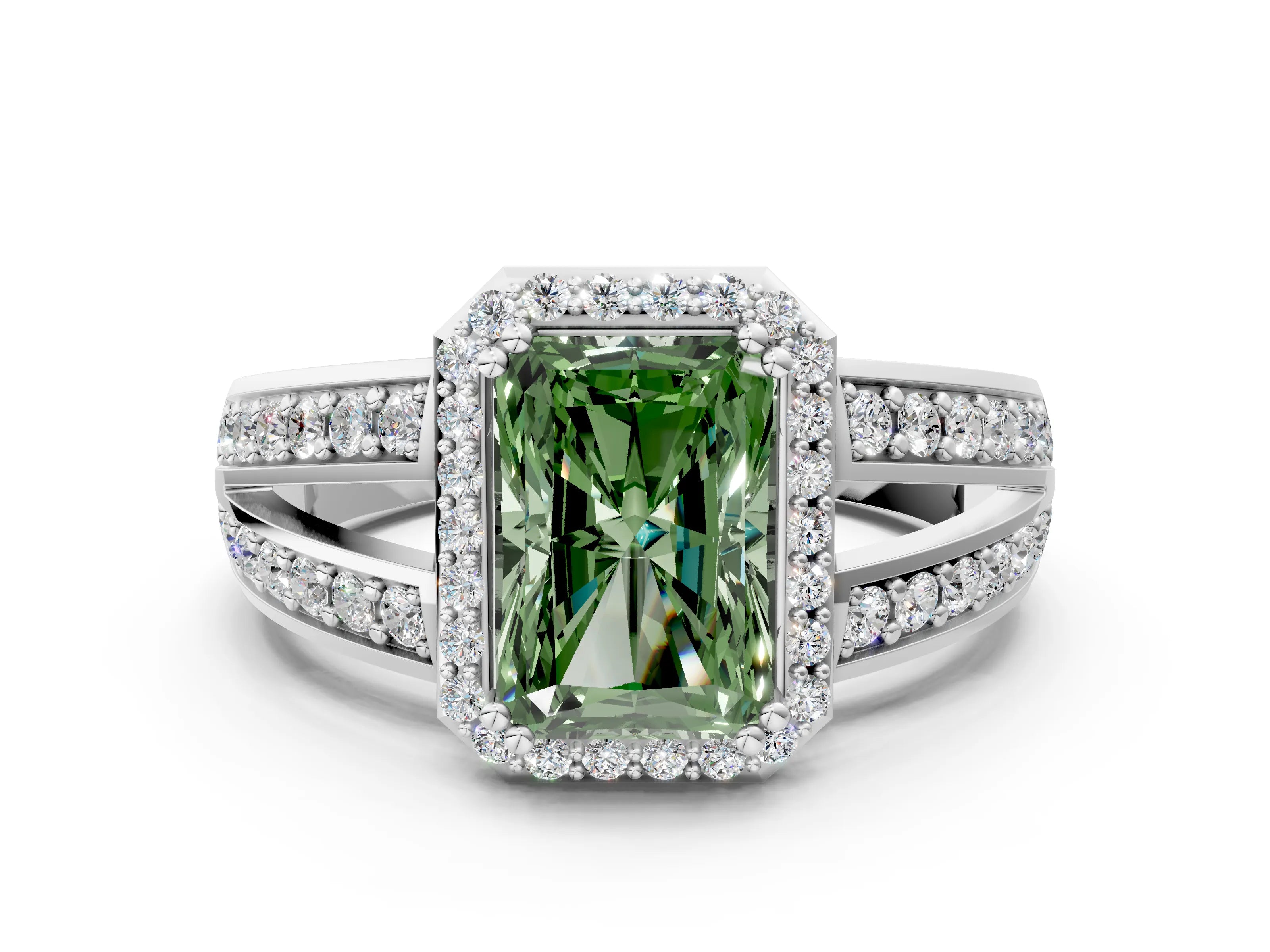 White gold Fancy Green Radiant Cut Diamond Halo Ring with Split Shank Pavé Band and Four-Prong Setting_12