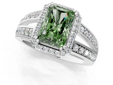 White gold Fancy Green Radiant Cut Diamond Halo Ring with Split Shank Pavé Band and Four-Prong Setting_13