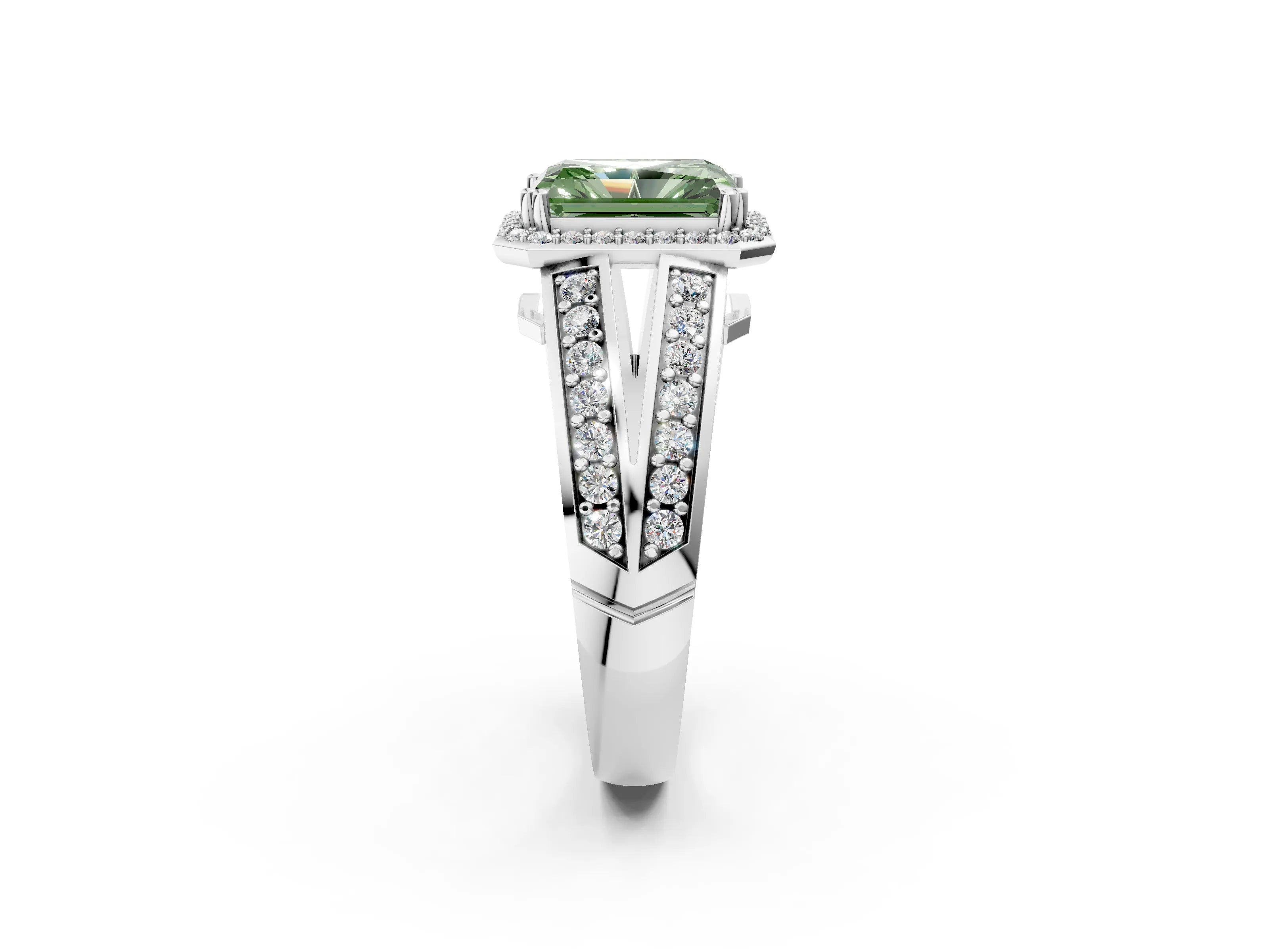 White gold Fancy Green Radiant Cut Diamond Halo Ring with Split Shank Pavé Band and Four-Prong Setting_14
