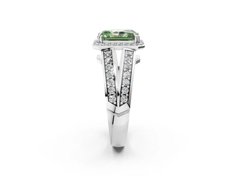 White gold Fancy Green Radiant Cut Diamond Halo Ring with Split Shank Pavé Band and Four-Prong Setting_14