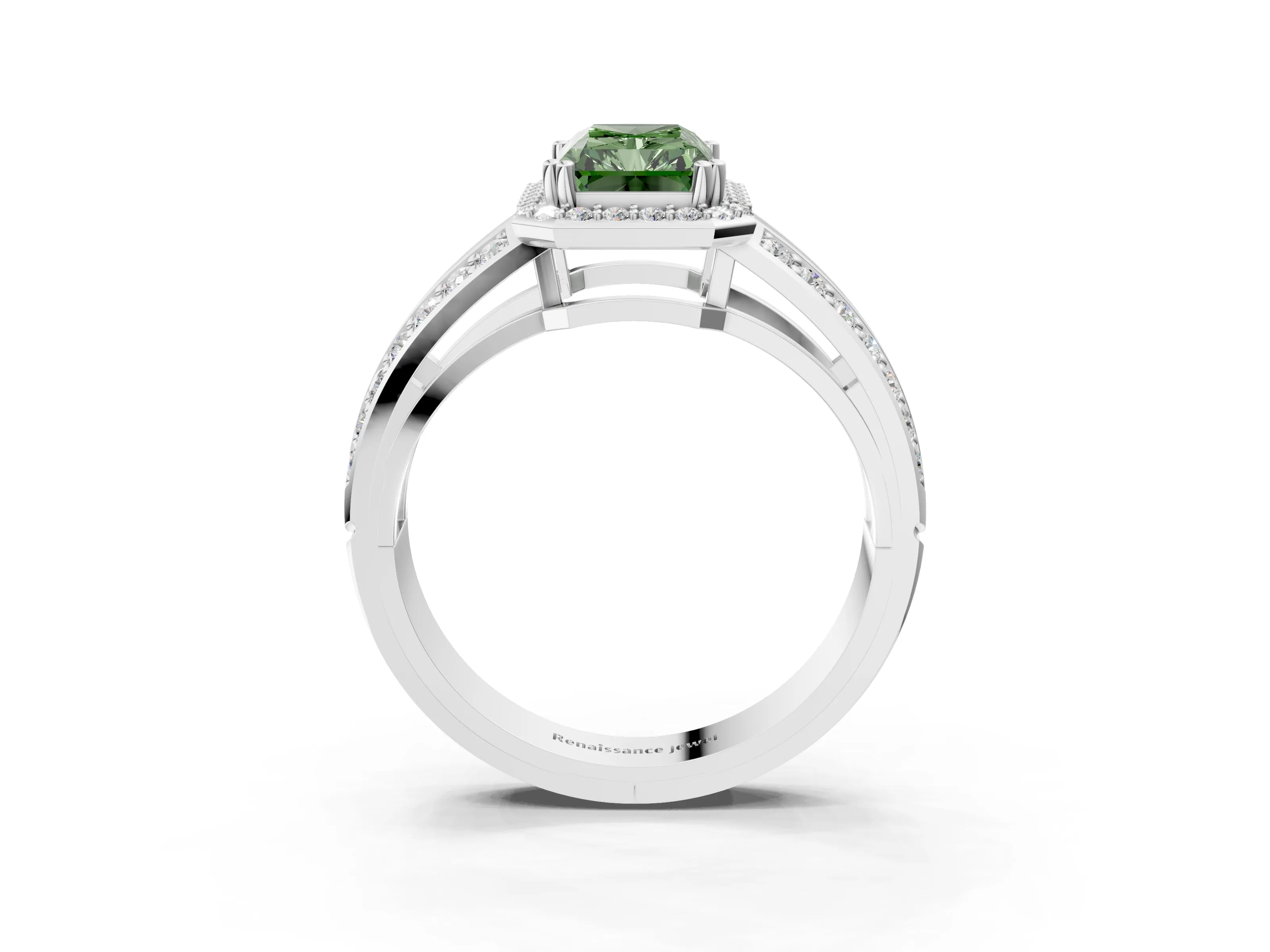 White gold Fancy Green Radiant Cut Diamond Halo Ring with Split Shank Pavé Band and Four-Prong Setting_15