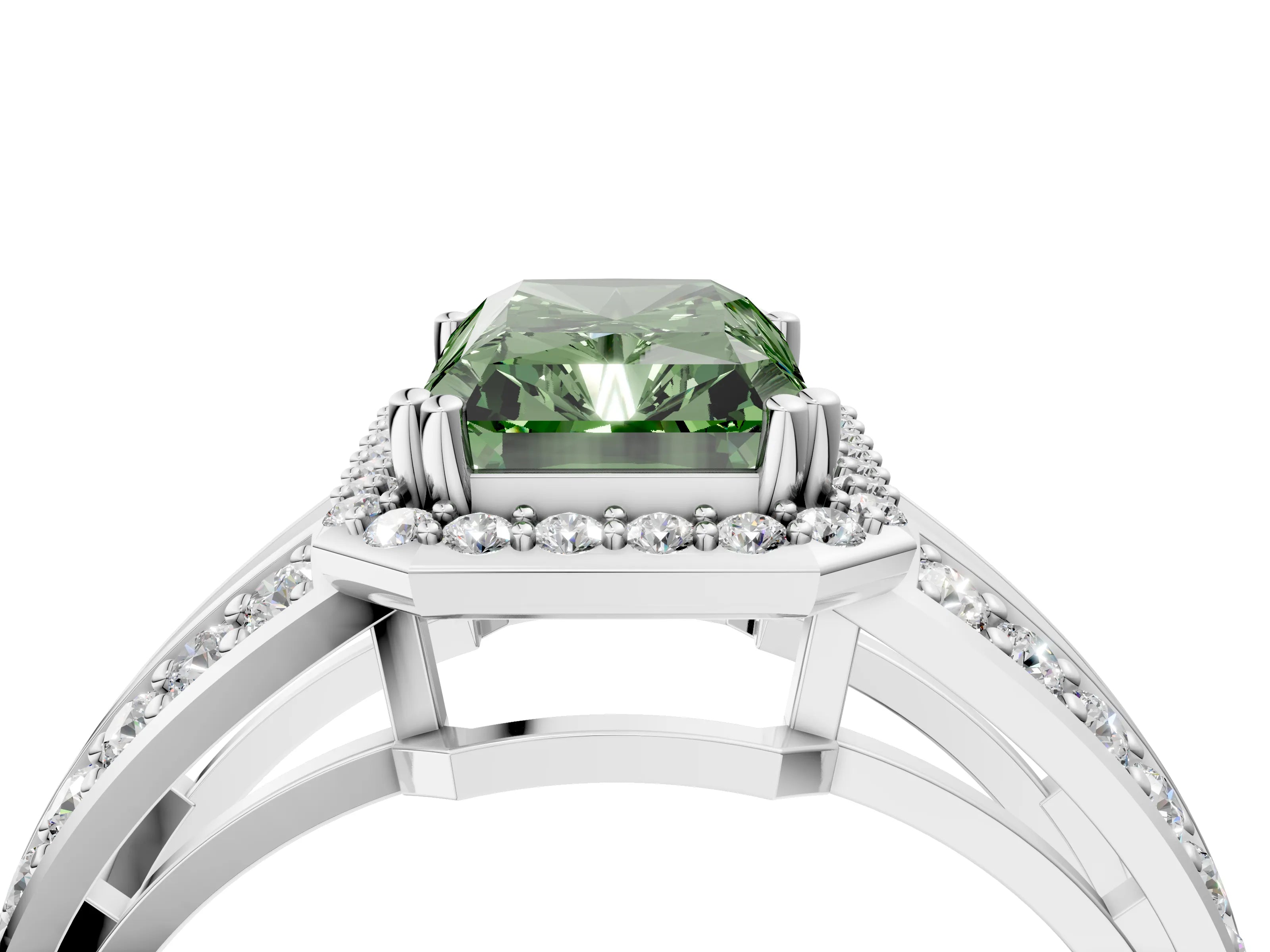 White gold Fancy Green Radiant Cut Diamond Halo Ring with Split Shank Pavé Band and Four-Prong Setting_16