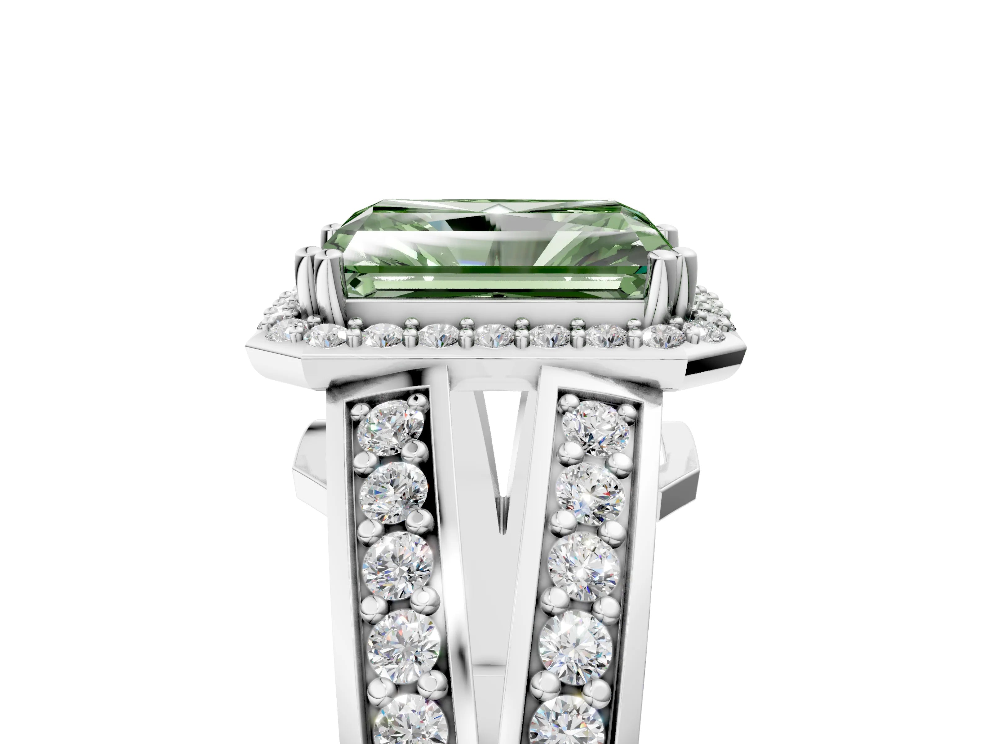 White gold Fancy Green Radiant Cut Diamond Halo Ring with Split Shank Pavé Band and Four-Prong Setting_17