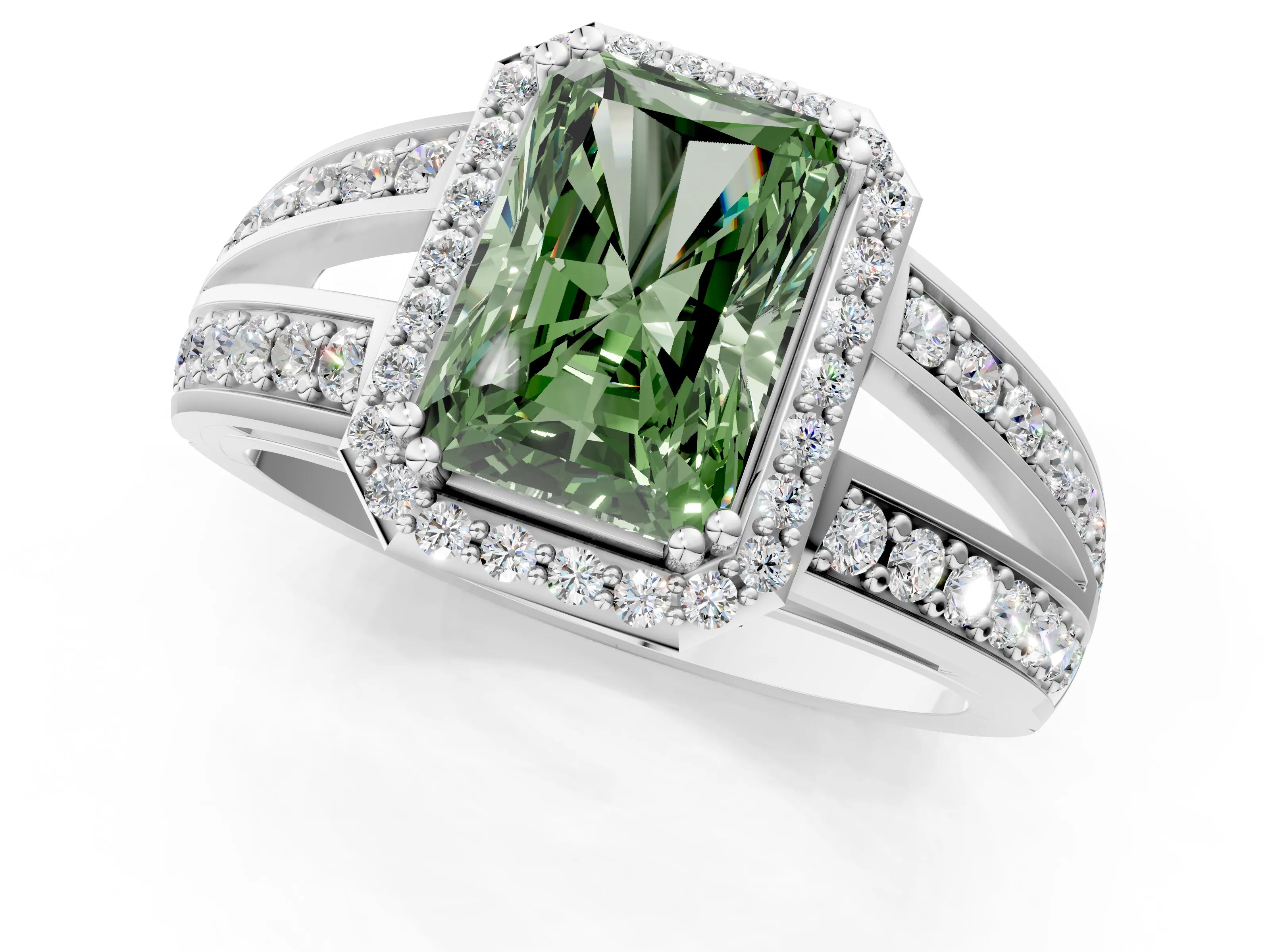 White gold Fancy Green Radiant Cut Diamond Halo Ring with Split Shank Pavé Band and Four-Prong Setting_19