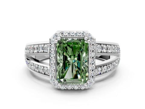White gold Fancy Green Radiant Cut Diamond Halo Ring with Split Shank Pavé Band and Four-Prong Setting