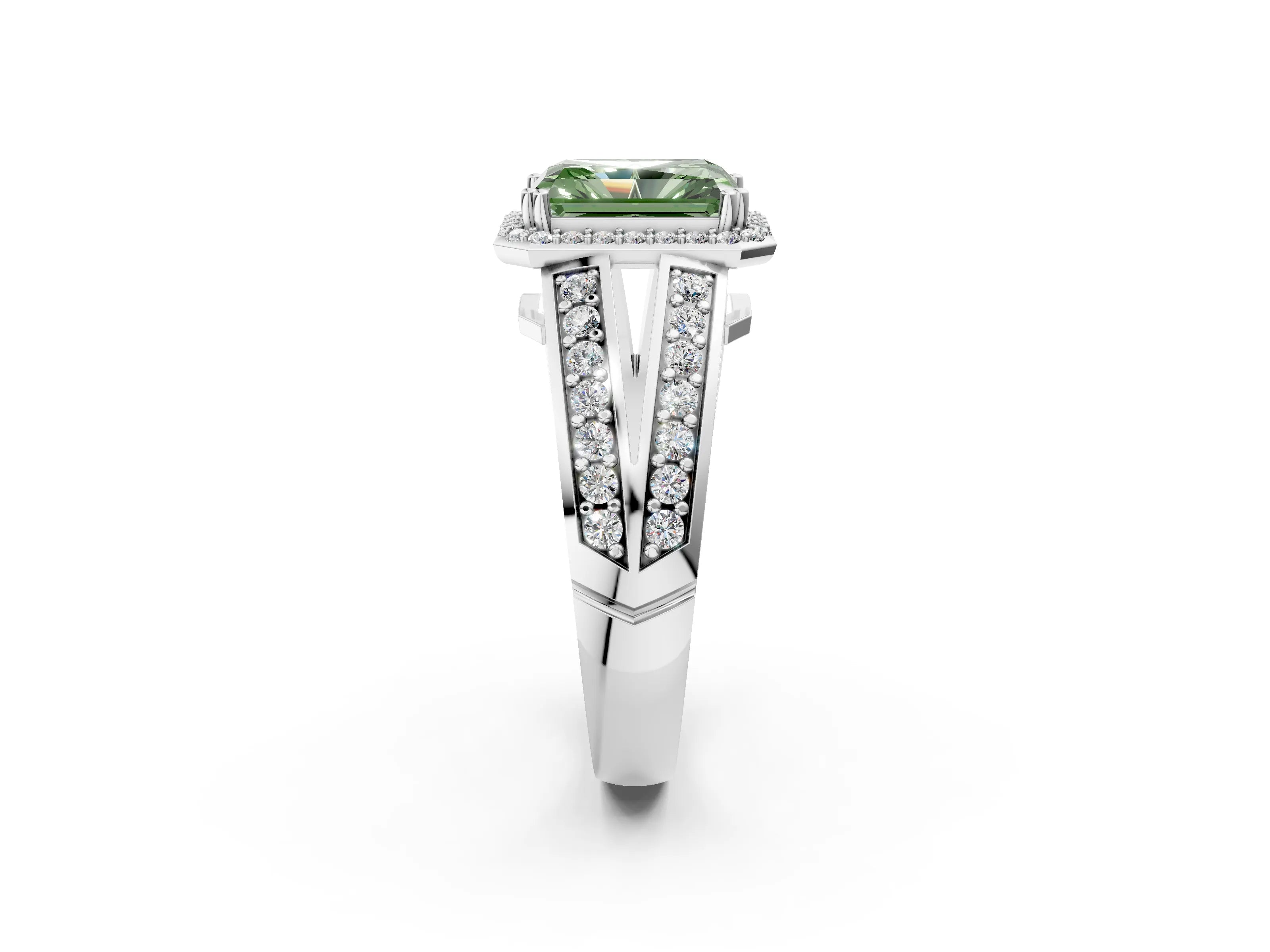White gold Fancy Green Radiant Cut Diamond Halo Ring with Split Shank Pavé Band and Four-Prong Setting_20