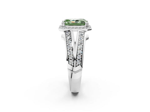 White gold Fancy Green Radiant Cut Diamond Halo Ring with Split Shank Pavé Band and Four-Prong Setting_20