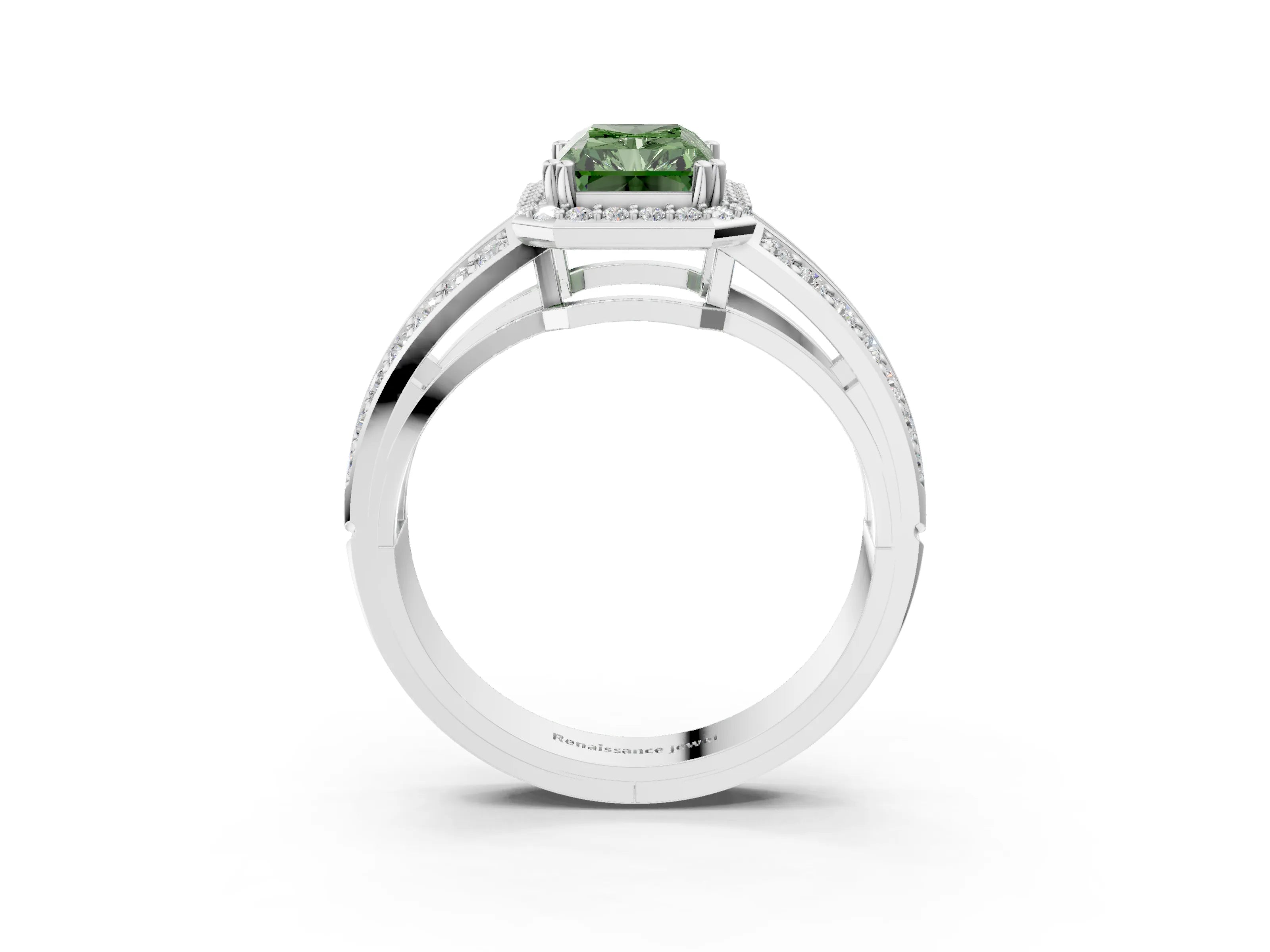 White gold Fancy Green Radiant Cut Diamond Halo Ring with Split Shank Pavé Band and Four-Prong Setting_21